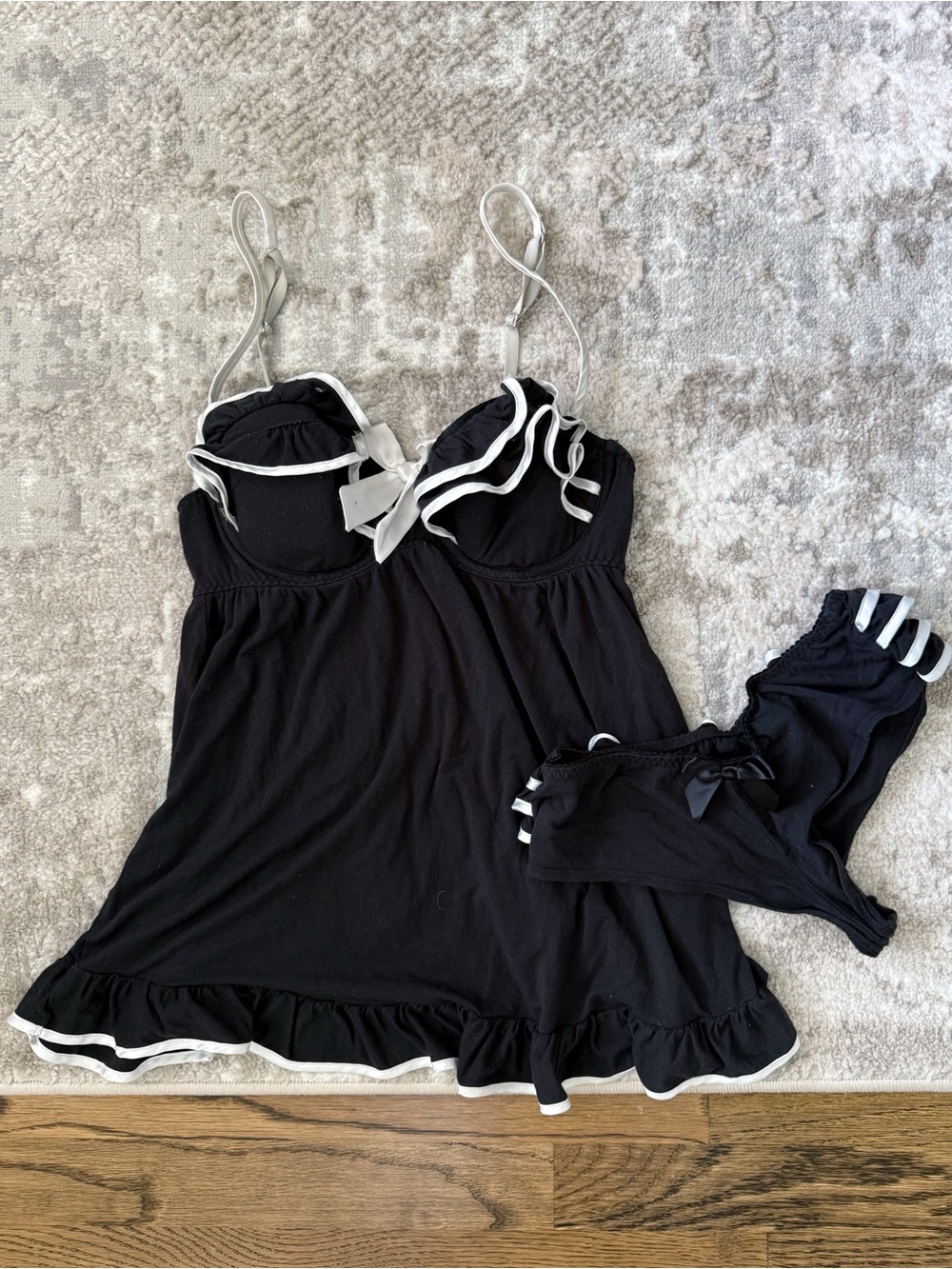 Victoria's Secret Black and White Ruffled Babydoll Set